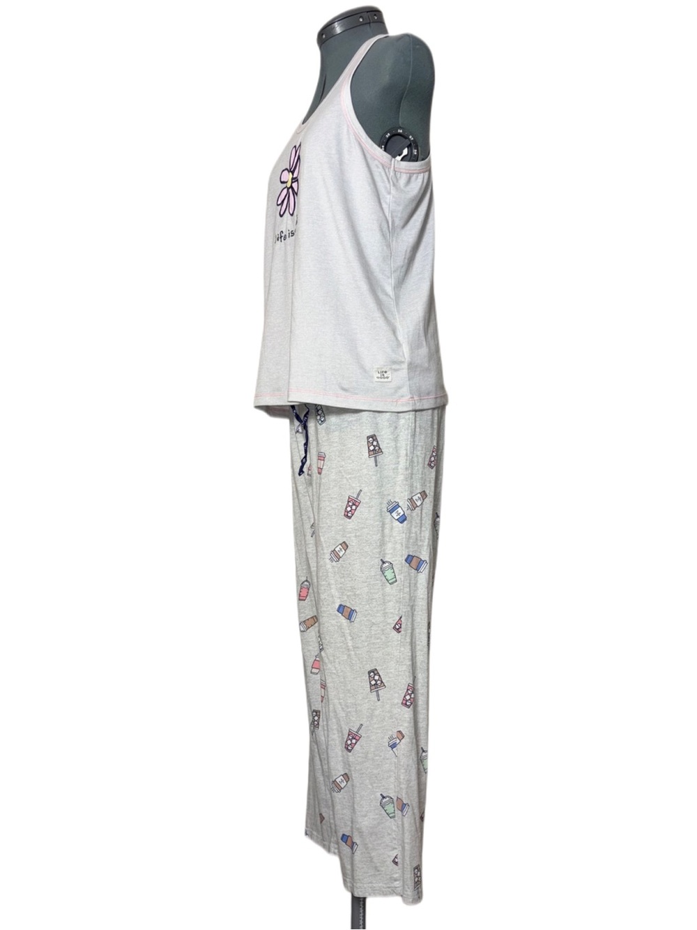 Life Is Good Pajama Set White Daisy Tank, Light Gray Lounge Pants women's medium - Picture 3 of 16